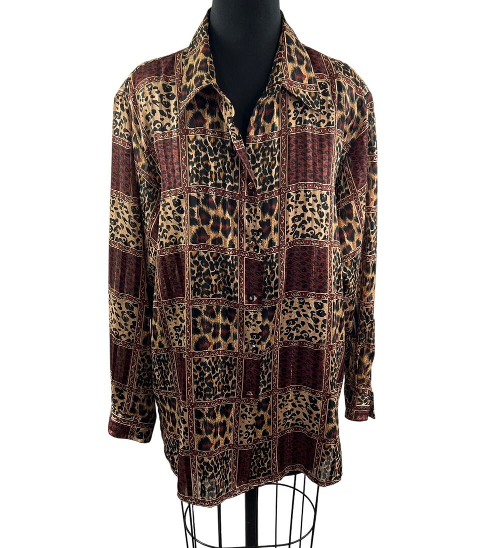 VINTAGE Yves St. Clair Button Down Shirt Top Leopard Print Long Sleeves Size 16